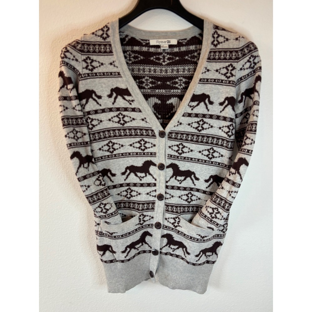 Forever 21 Horse Fair Isle Cardigan Sweater Grey Brown Southwestern Equestrian S